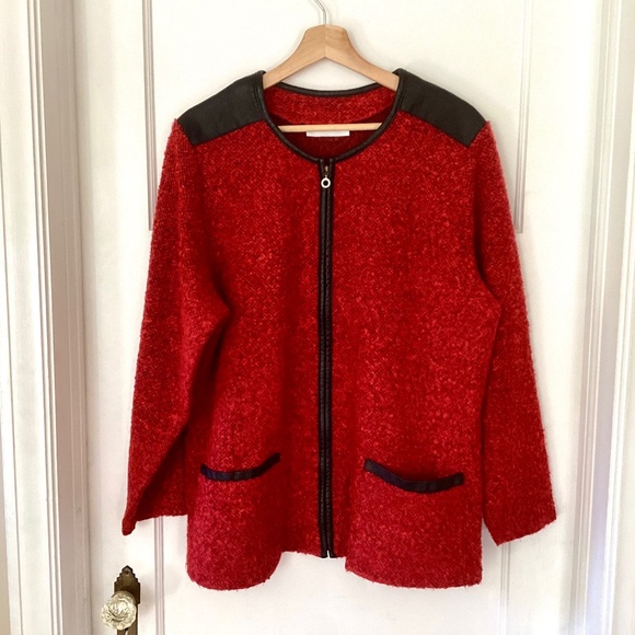 Vtg Cathy Daniels Women’s 1X Zip Up Red Boucle Cardigan Black Faux Leather Trim - Picture 1 of 16